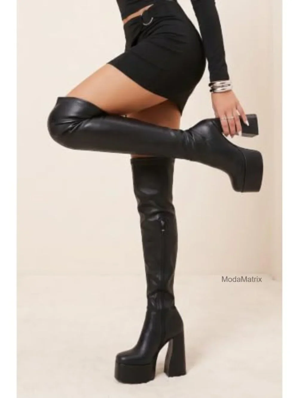 Platform Thigh High Boots Stretch PU Leather Chunky Block Heels Over Knee